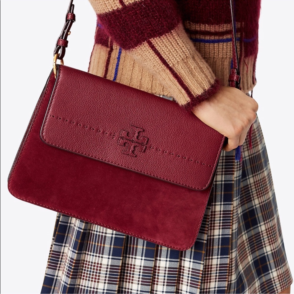 Tory Burch Burgundy Leather & Suede Crossbody Bag